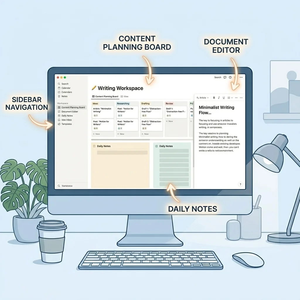 Notion writing workspace for content planning and drafting in 2026