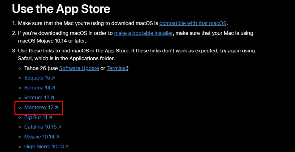 Screenshot of Apple’s macOS download page showing the App Store section, with the Monterey 12 link highlighted in red.