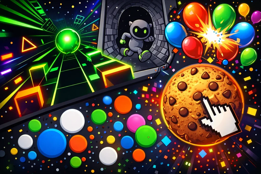Visual collage of the best unblocked games of 2026 including Slope, Run 3, Bloons Tower Defense, and more