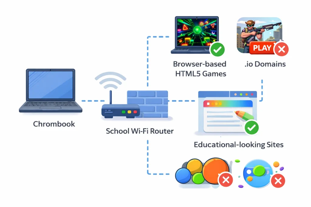Diagram showing how school network filters work and which unblocked games get through on Chromebooks