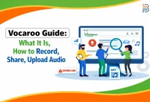 Vocaroo guide illustration showing how to record, share, and upload audio using the online voice recorder.