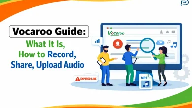 Vocaroo guide illustration showing how to record, share, and upload audio using the online voice recorder.