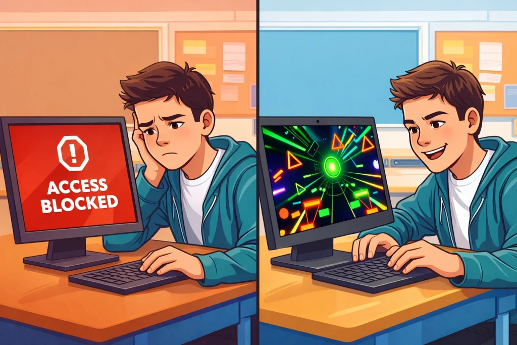 Comparison of blocked game error screen versus successfully playing an unblocked game at school