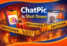 Featured image showing ChatPic is shut down, with a locked phone screen, shutdown tape, warning sign, and service error screen.