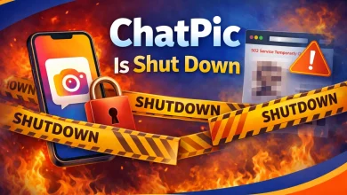 Featured image showing ChatPic is shut down, with a locked phone screen, shutdown tape, warning sign, and service error screen.