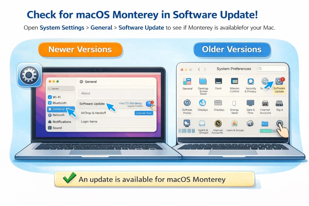 Illustrated guide showing where to check for macOS Monterey in Software Update on newer macOS versions using System Settings and on older versions using System Preferences.