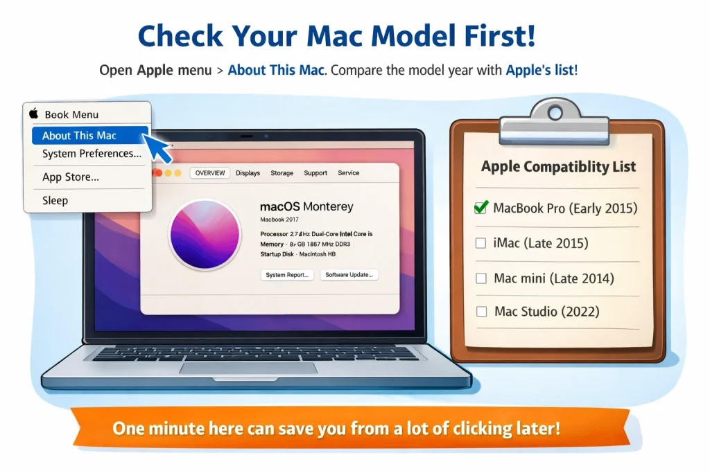 Illustrated guide showing how to check Mac compatibility for macOS Monterey by opening Apple menu > About This Mac and matching the model year with Apple’s supported device list.