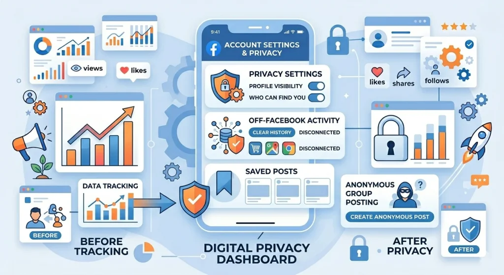 Facebook hidden features like off-Facebook activity, saved posts, and privacy settings