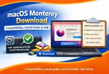 Featured image for a macOS Monterey download guide showing Apple compatibility check, install instructions, bootable USB command, and download options on a Mac.
