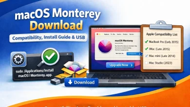 Featured image for a macOS Monterey download guide showing Apple compatibility check, install instructions, bootable USB command, and download options on a Mac.
