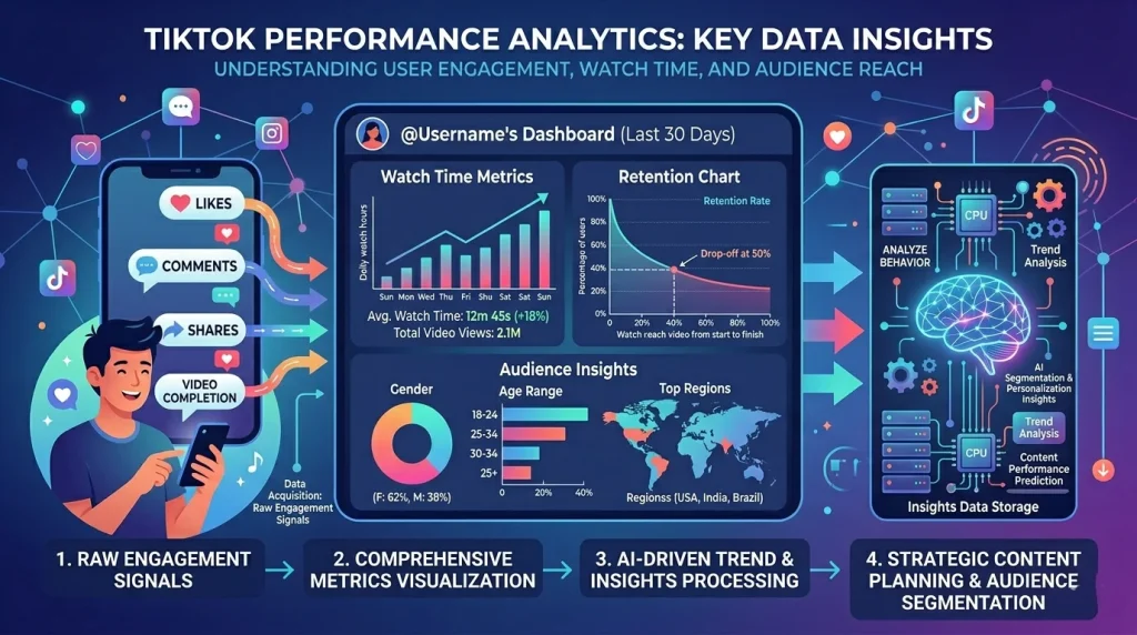 TikTok analytics dashboard showing audience insights and engagement