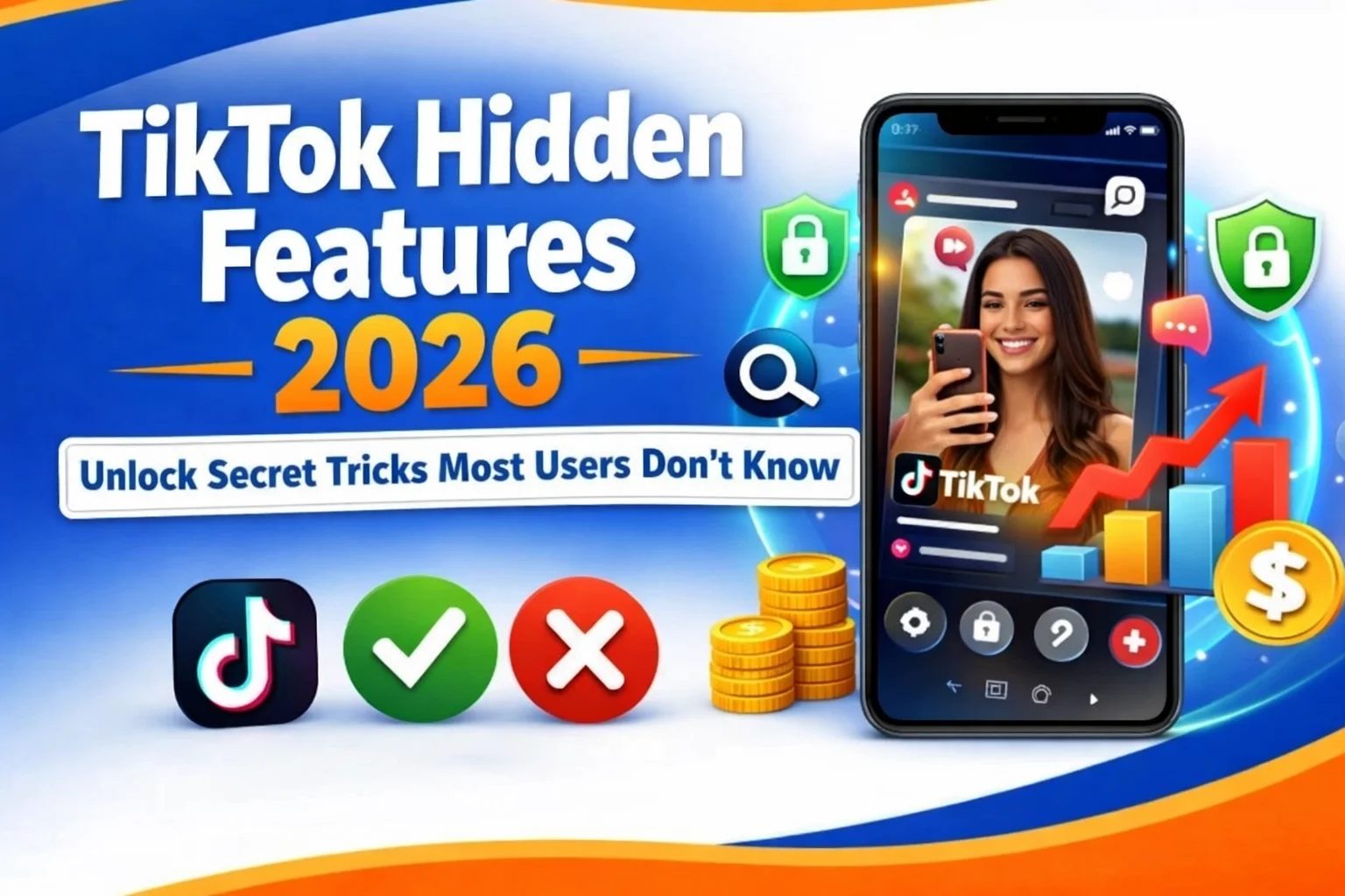 TikTok hidden features 2026 illustration showing app interface, growth analytics, and secret tools