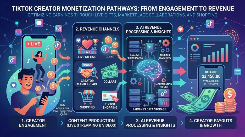 TikTok monetization tools including live gifts and creator marketplace