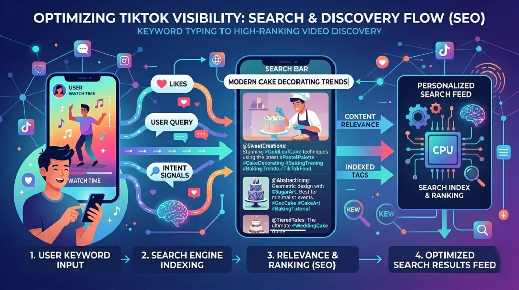 TikTok SEO search feature showing keyword-based video discovery
