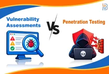 Split visual showing a system scanning monitor with a bug magnifying glass versus a hooded hacker breaching a firewall.
