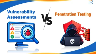 Split visual showing a system scanning monitor with a bug magnifying glass versus a hooded hacker breaching a firewall.