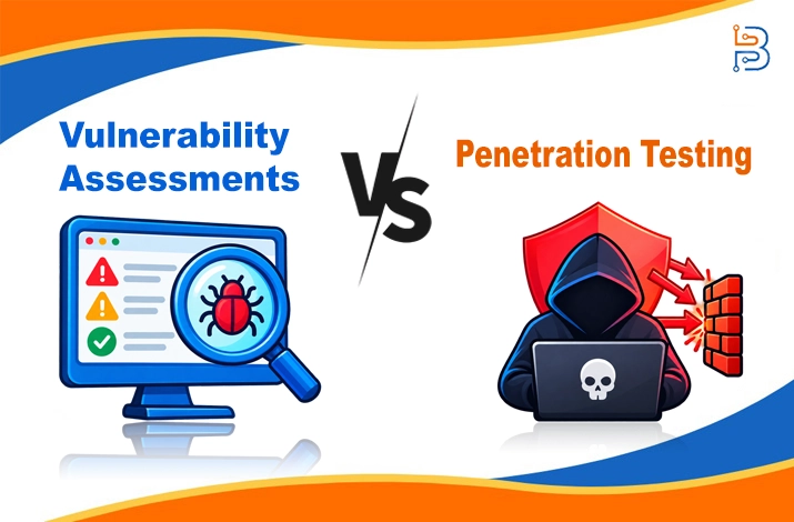 Split visual showing a system scanning monitor with a bug magnifying glass versus a hooded hacker breaching a firewall.