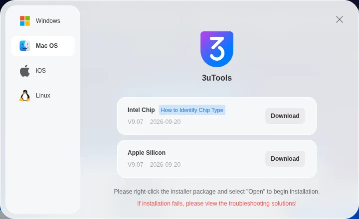 3u.com download window showing 3uTools V9.07 for Mac with Intel Chip and Apple Silicon options, captured October 12, 2026