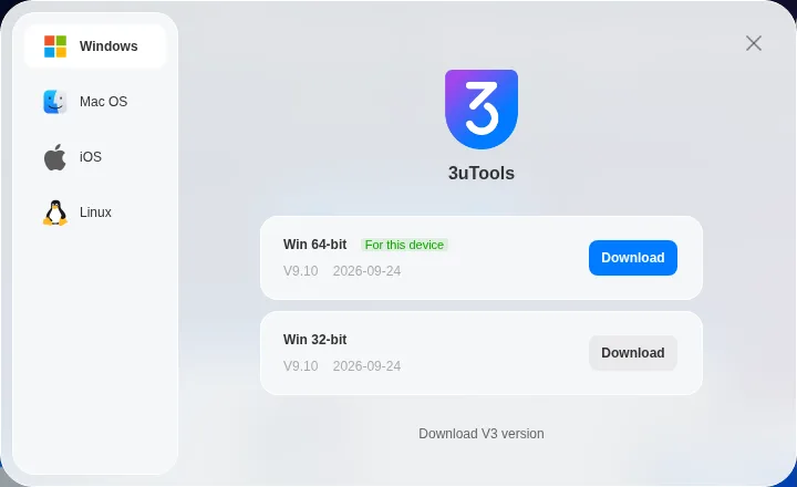 Official 3u.com download window listing 3uTools V9.10 for Windows 64-bit and 32-bit dated 2026-09-24, captured October 12, 2026