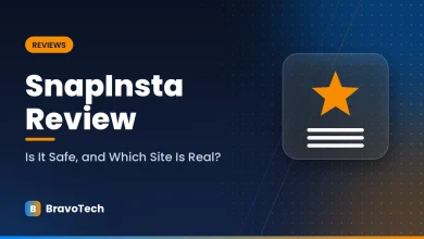 BravoTech graphic: SnapInsta Review, Is It Safe, and Which Site Is Real?, with a star rating icon
