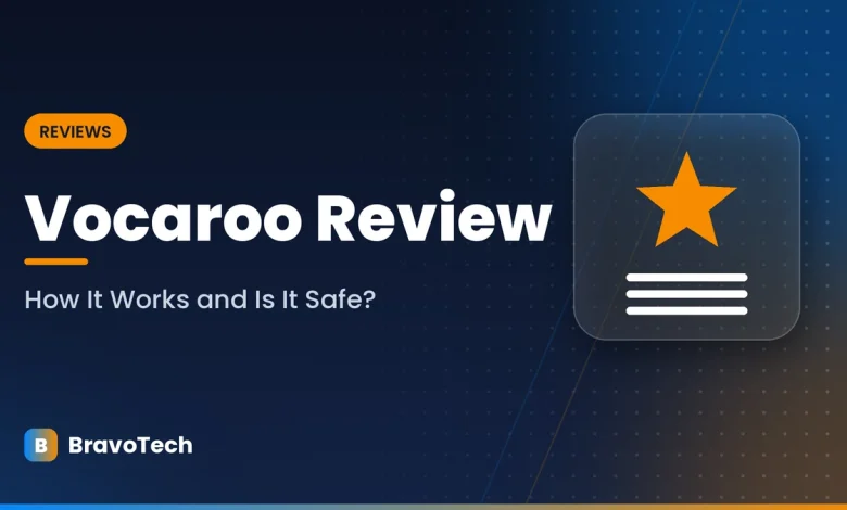 BravoTech graphic: Vocaroo Review, How It Works and Is It Safe?, with a star rating icon