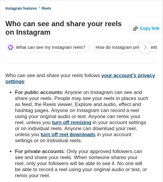 Instagram Help Center page 'Who can see and share your reels on Instagram' stating anyone can download a public reel unless downloads are turned off, captured October 11, 2026