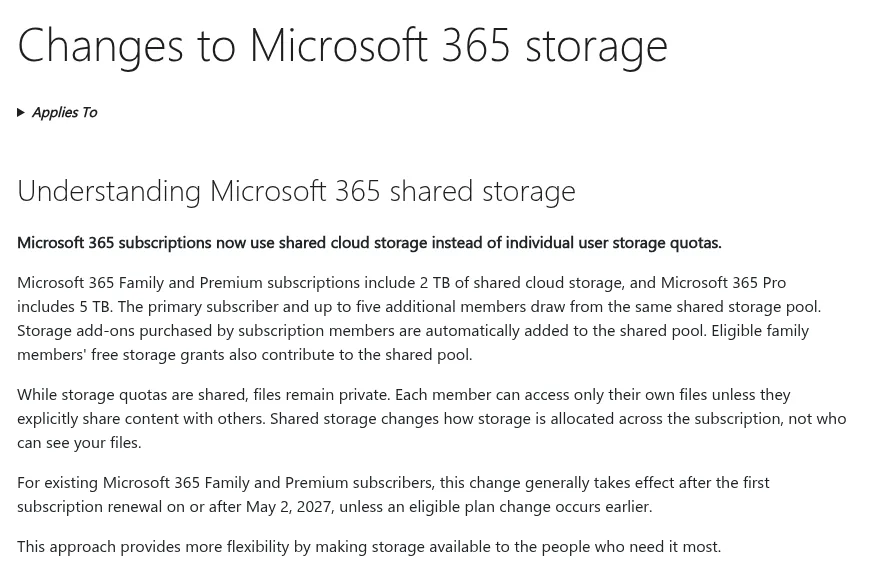 Microsoft Support page Changes to Microsoft 365 storage, saying Family and Premium include 2 TB of shared cloud storage