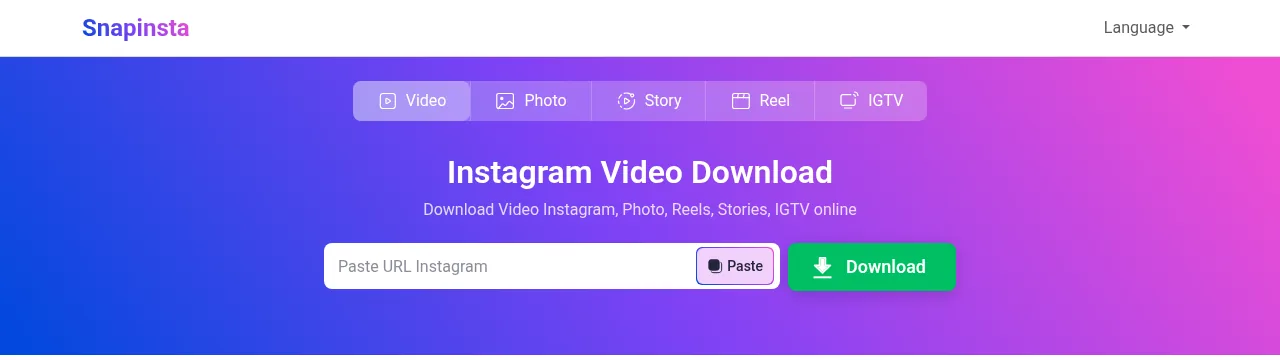 snapinsta.ai homepage header with Video, Photo, Story, Reel and IGTV tabs and a paste-URL box, captured October 11, 2026