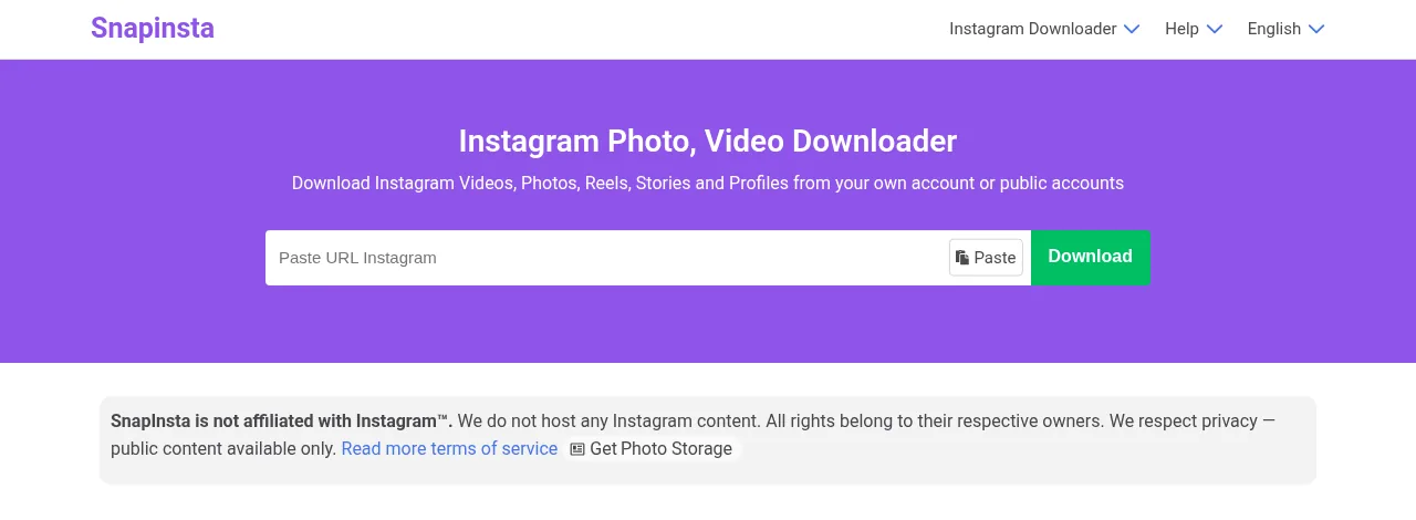 snapinsta.to homepage with a paste-URL box and the line 'SnapInsta is not affiliated with Instagram', captured October 11, 2026