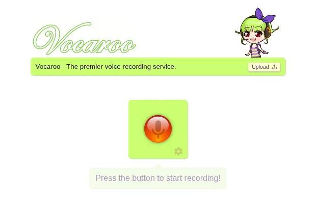 Vocaroo homepage recorder with a red microphone button and the text Press the button to start recording, captured October 13, 2026