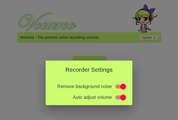 Vocaroo Recorder Settings panel with Remove background noise and Auto adjust volume switches, captured October 13, 2026