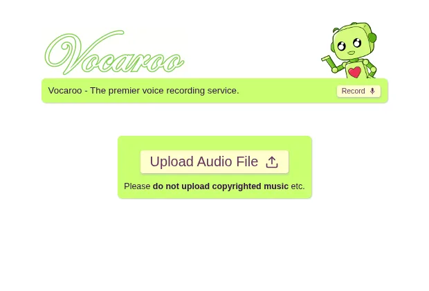 Vocaroo upload page with an Upload Audio File button and a note asking users not to upload copyrighted music, captured October 13, 2026